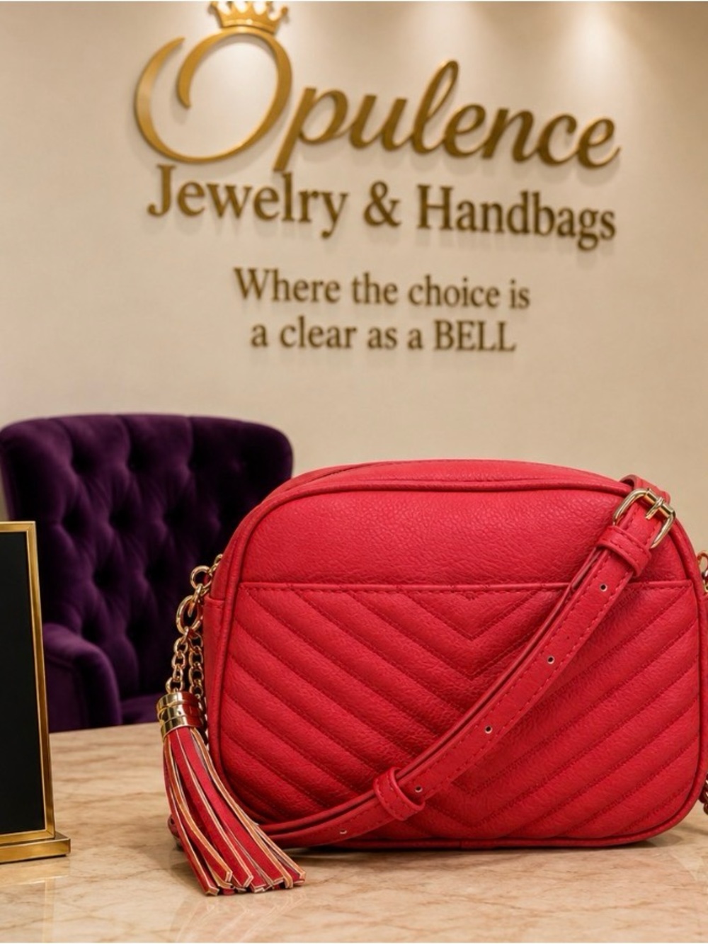 Red Quilted Chevon Crossbody Bag with Tassel